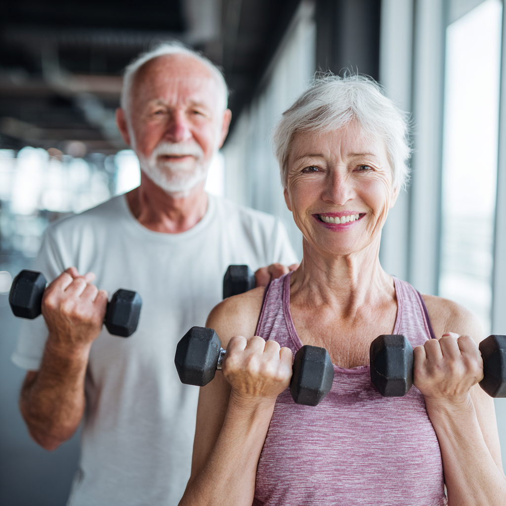 Smiling elderly European man in fitness attire showing confidence and health after completing fitness program