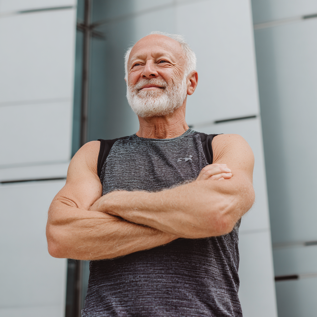 Happy elderly European woman in workout clothes demonstrating improved flexibility and strength