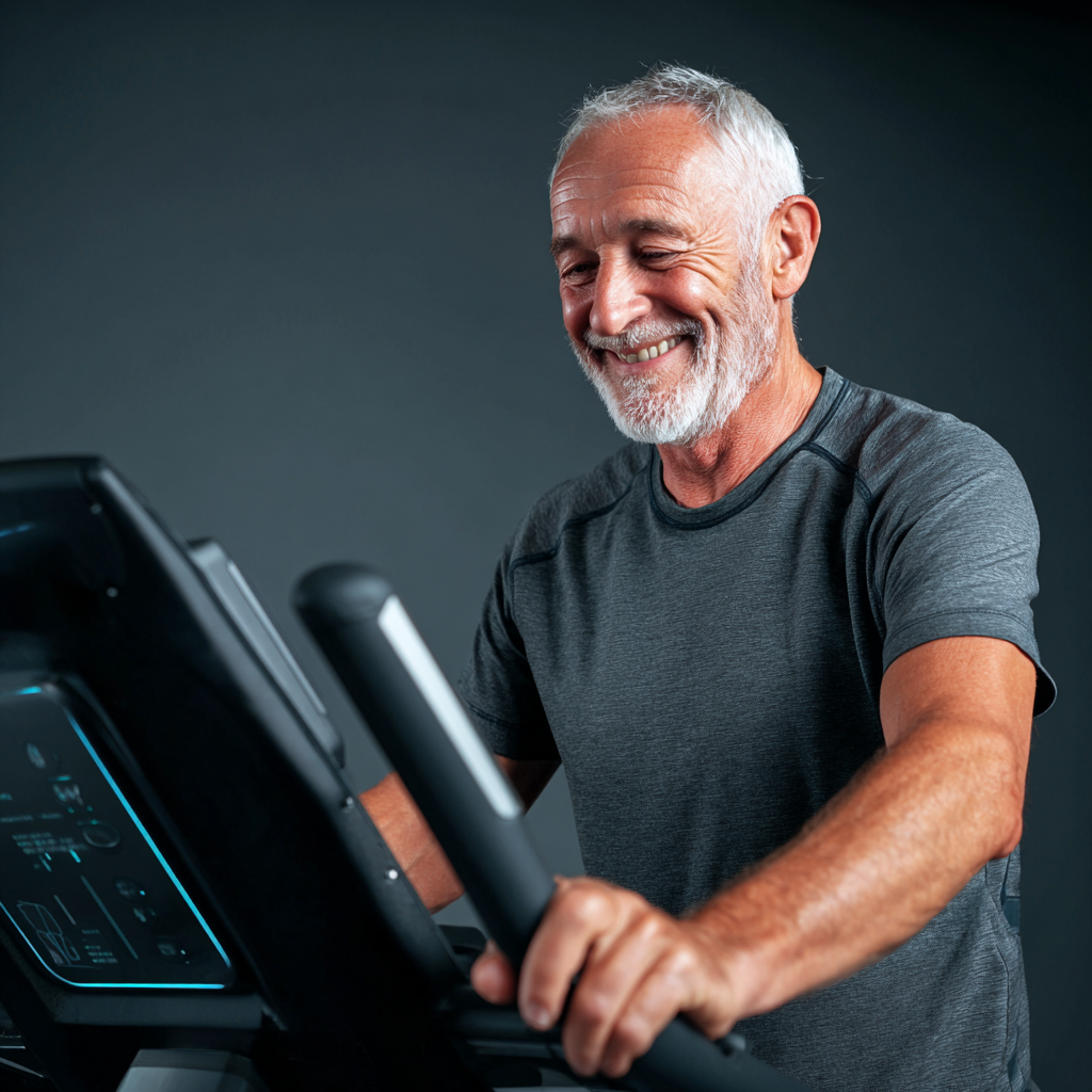Confident elderly European couple in fitness gear showing improved health and vitality